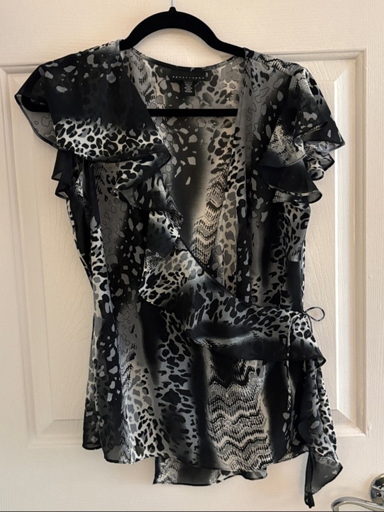 Apostrophe Tops - Apostrophe Black & Gray Ruffled Wrap Blouse